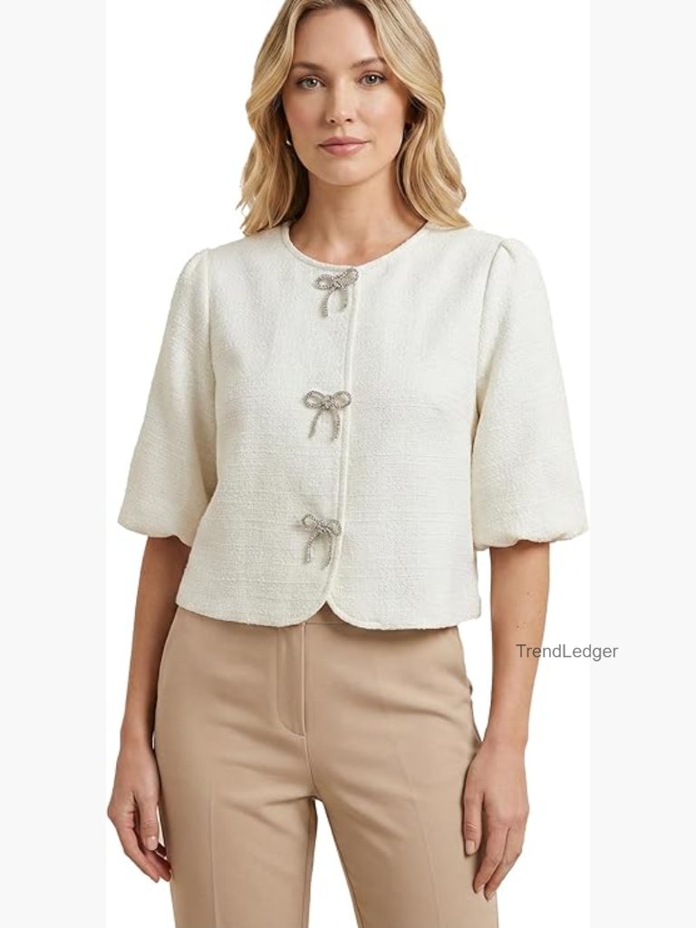 Textured Puff Sleeve Rhinestone Bow Cropped Blazer Jacket Cardigan